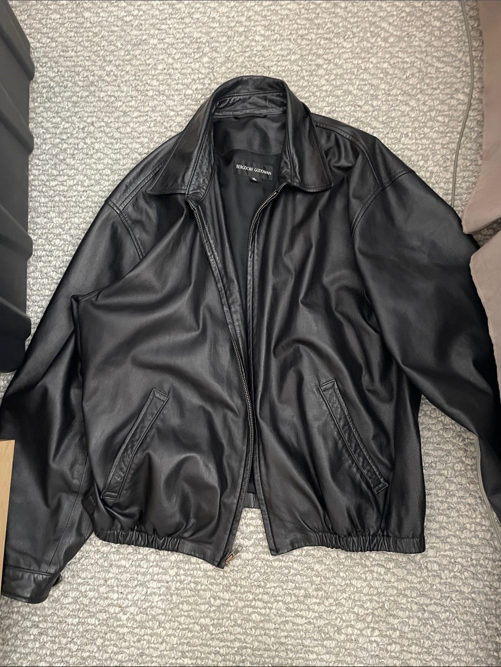 New 1999 Bergdorf Goodman Black Vintage Lamb Leather Bomber Jacket size XL